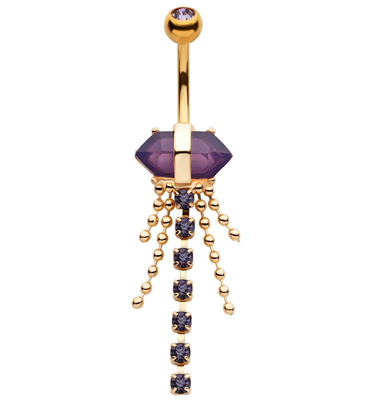 Gold PVD Amethyst Crystal Bead Chain Stainless Steel Belly Button Ring - Mrs Treak