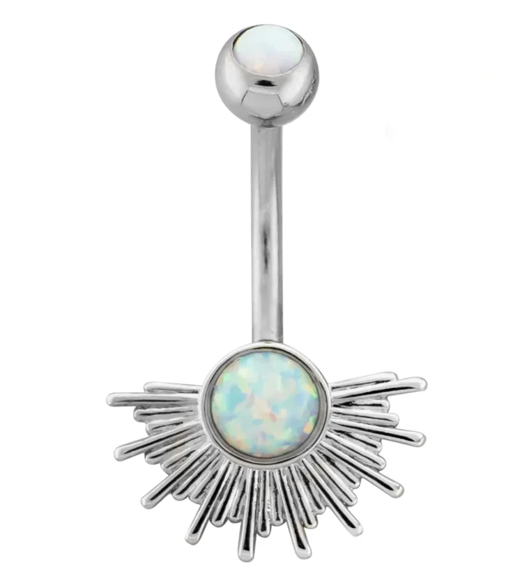 Sunburst White Opalite Stainless Steel Belly Button Ring - Mrs Treak