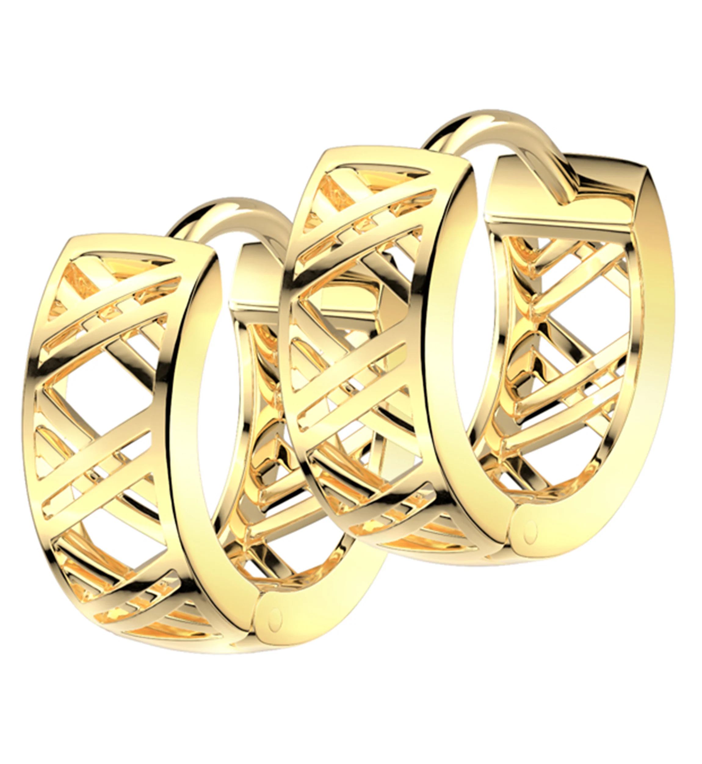 Gold PVD Crosshatch Stainless Steel Hinged Hoop Huggie Earrings - Mrs Treak