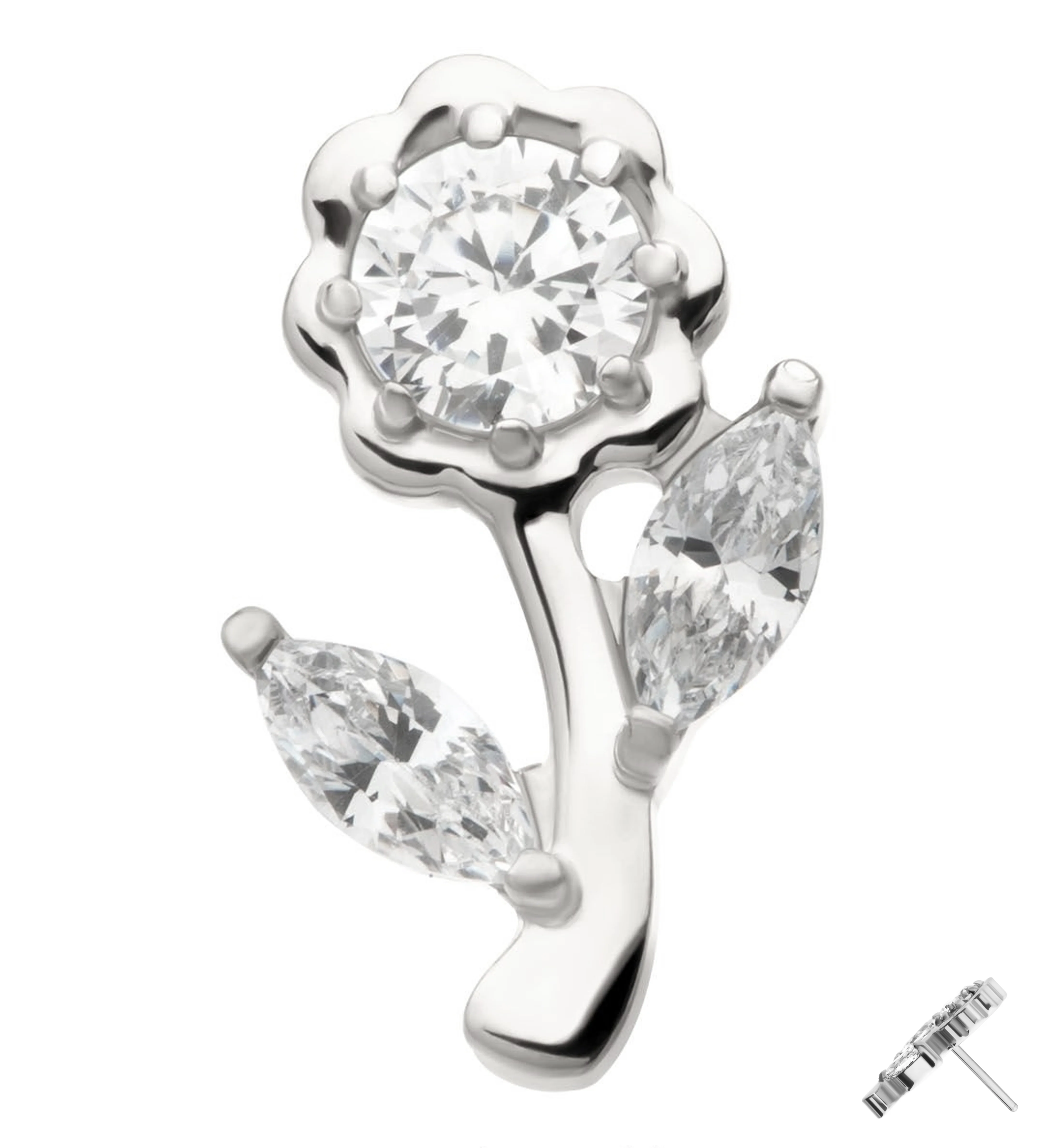 14kt White Gold Blooming Rose Clear CZ Threadless Top - Mrs Treak