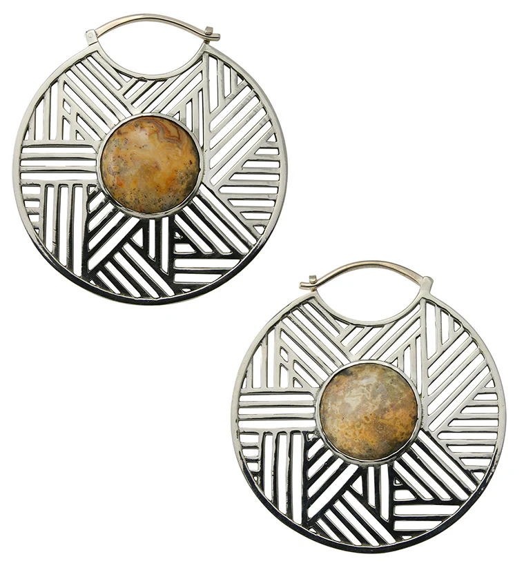 Haphazard Crazy Lace Agate Stone White Brass Ear Weights - Mrs Treak