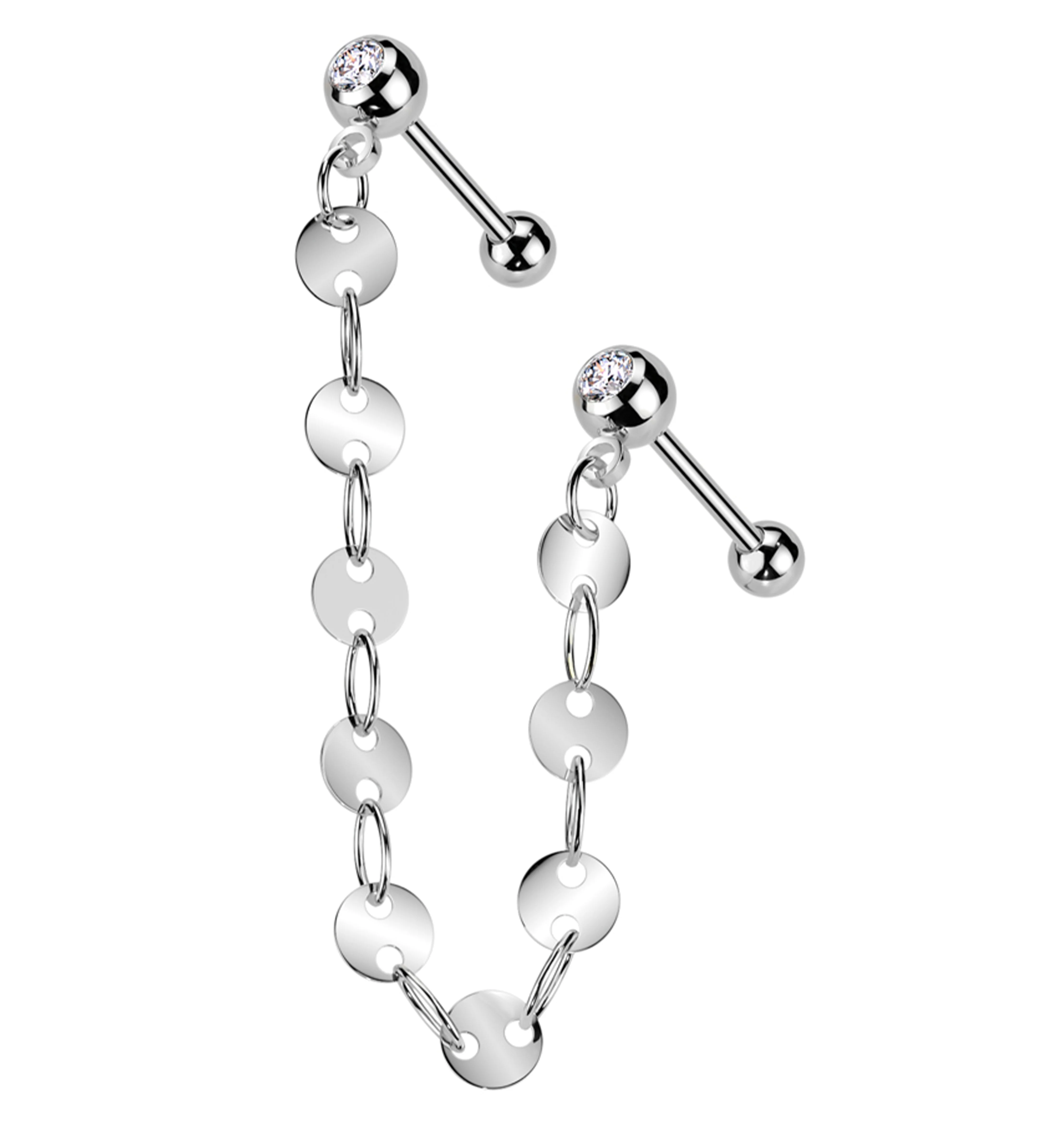 Dual Barbell Clear CZ Stainless Steel Flat Disk Link Piercing Chain - Mrs Treak