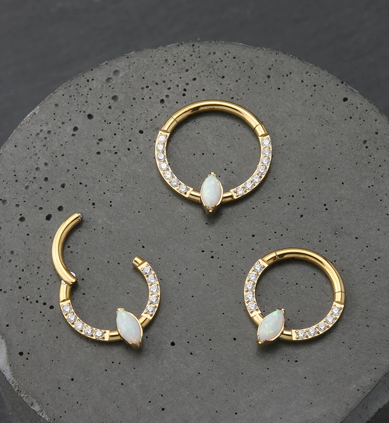 Gold PVD Bauble White Opalite Clear CZ Titanium Hinged Segment Ring - Mrs Treak