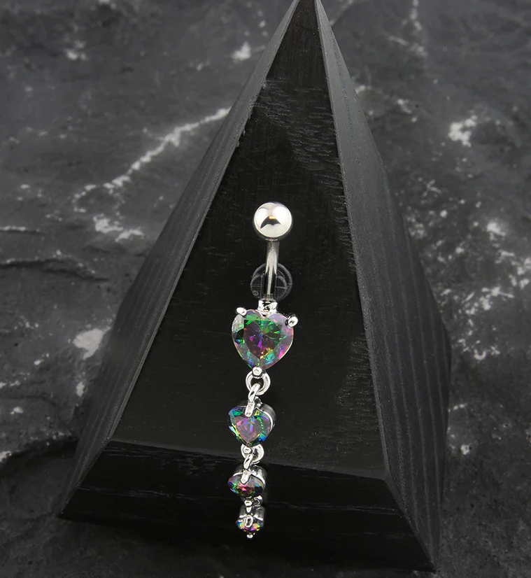 Heart Black Aurora CZ Dangle Stainless Steel Belly Button Ring - Mrs Treak