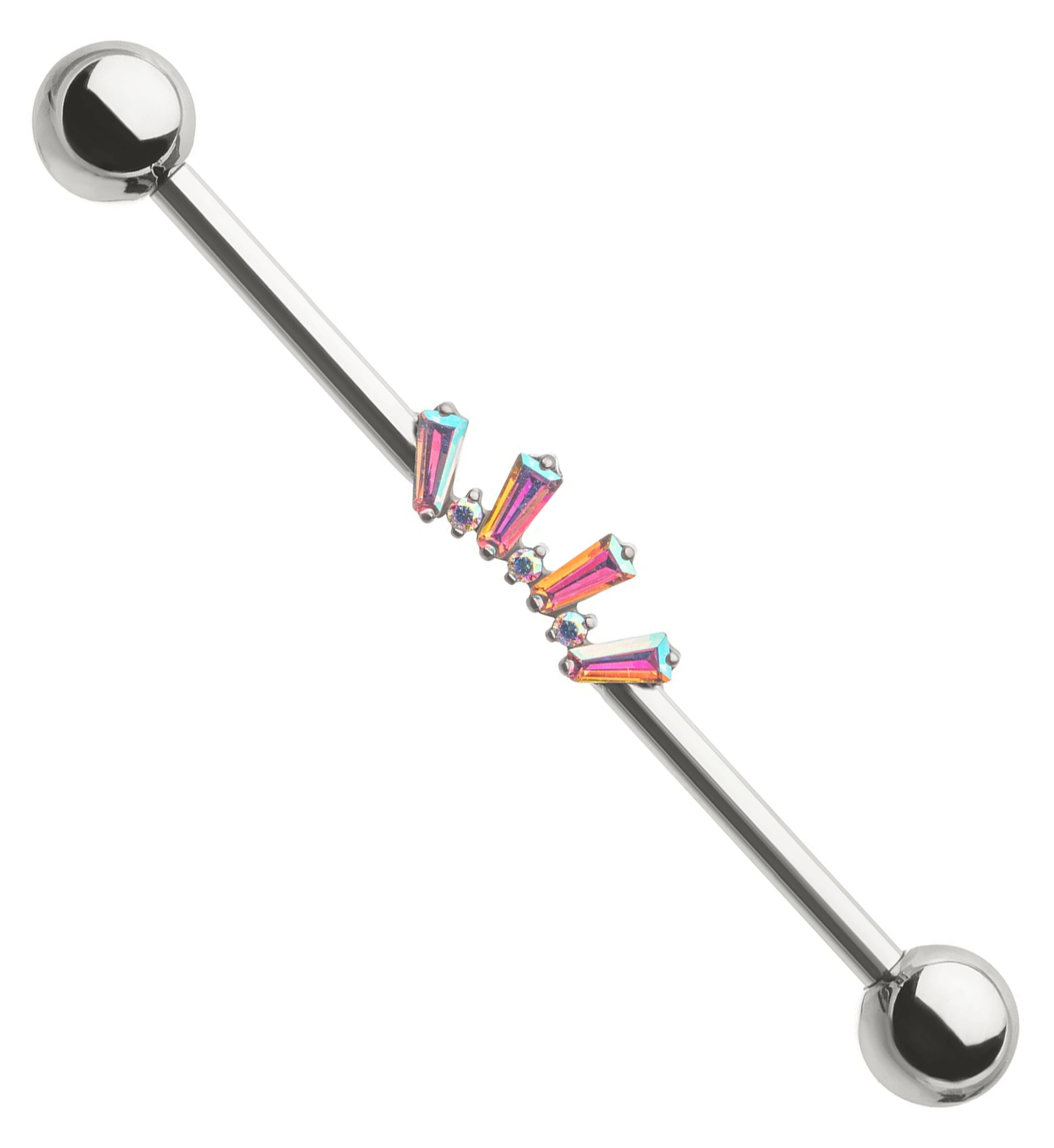 Alternate Rainbow Aurora and Clear CZ Arch Internally Threaded Titanium Industrial Barbell - Mrs Treak