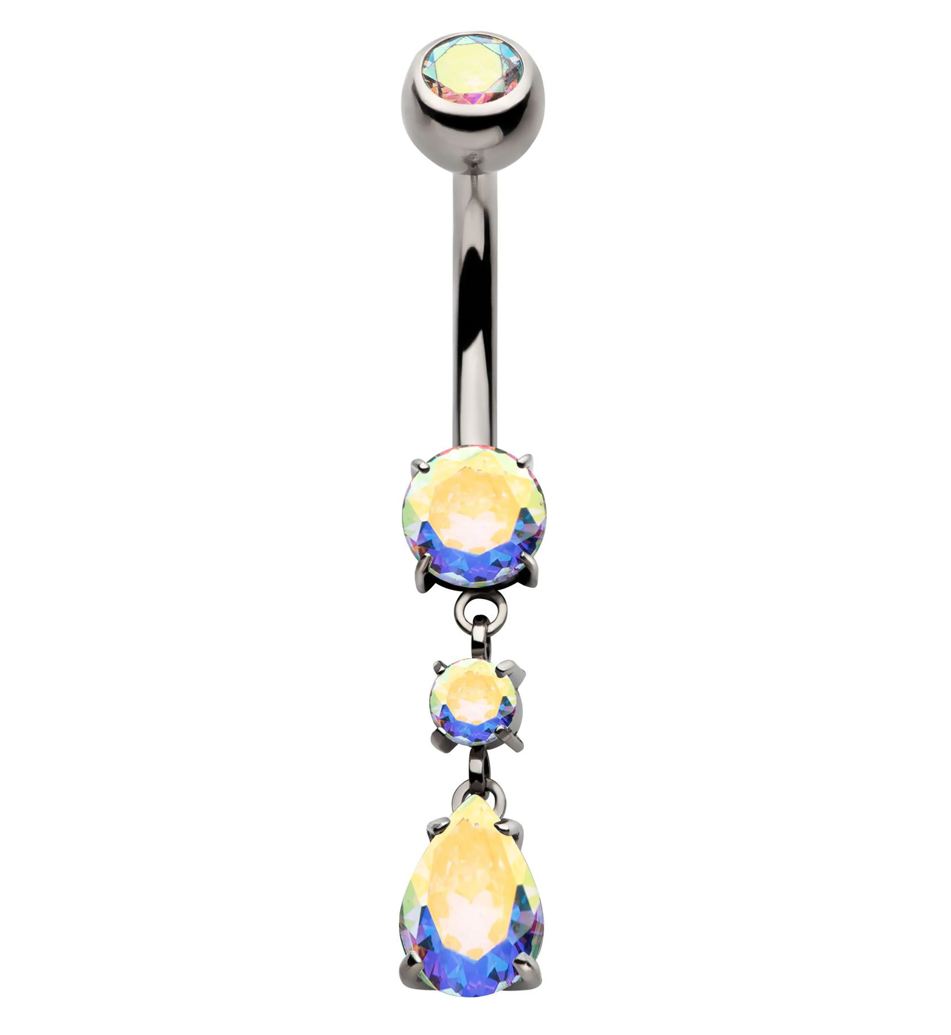 Teardrop Dangle Rainbow Aurora CZ Internally Threaded Titanium Belly Button Ring - Mrs Treak