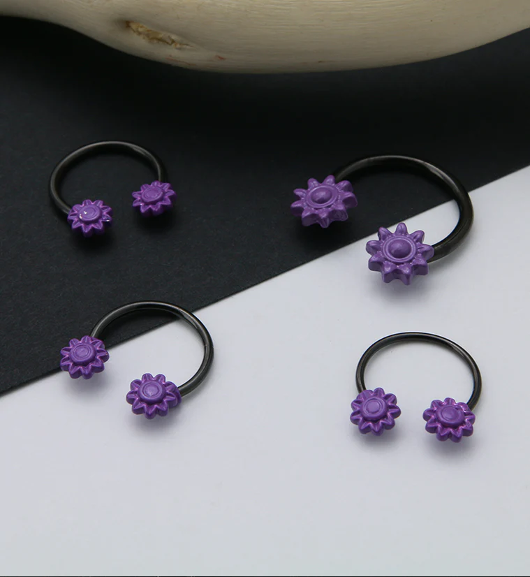 Purple Flower Black PVD Stainless Steel Circular Barbell - Mrs Treak