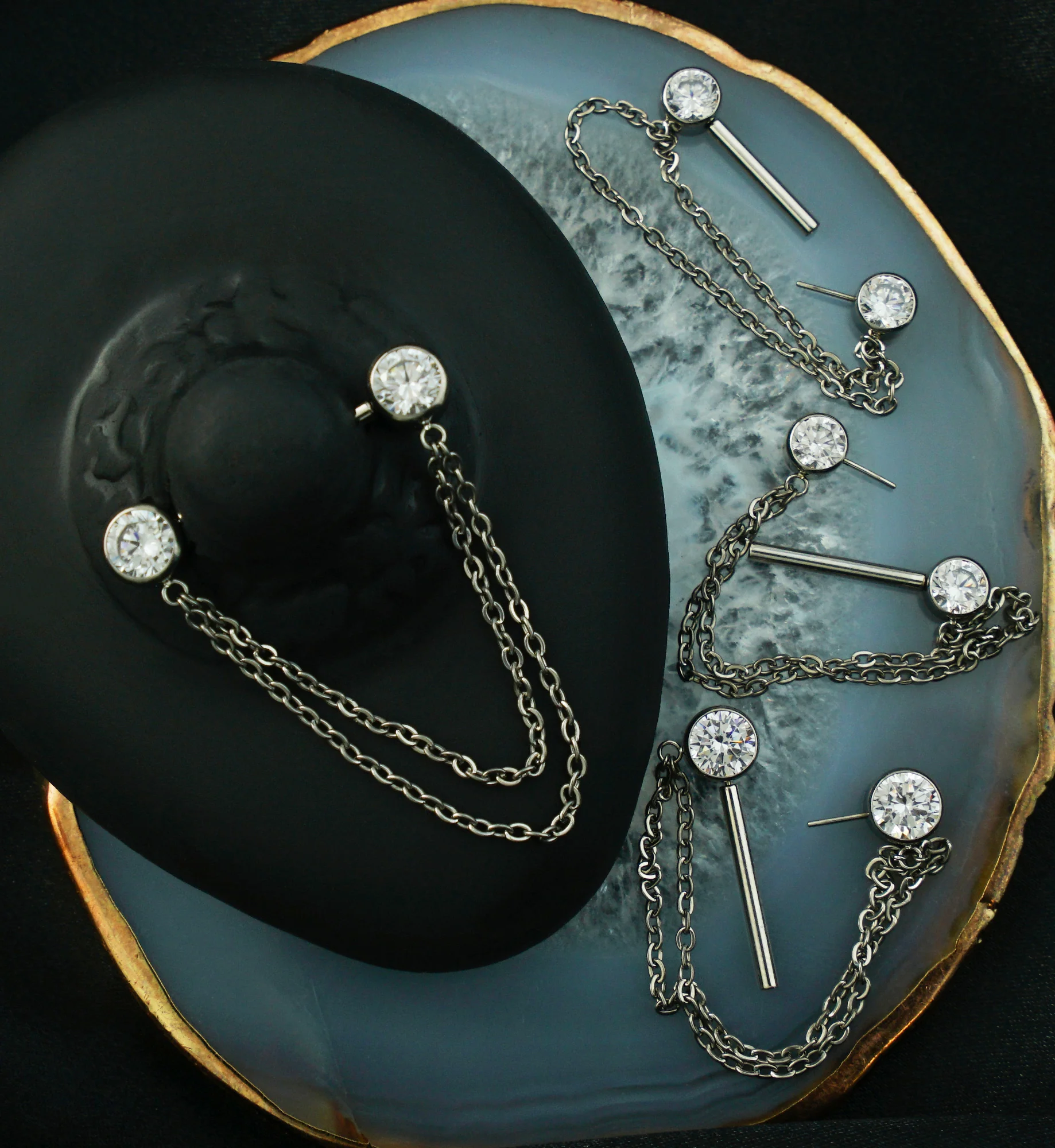 Front Facing Clear CZ Double Dangle Threadless Titanium Nipple Barbell - Mrs Treak