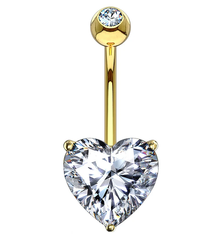 14kt Gold Prong Heart CZ Belly Button Ring - Mrs Treak