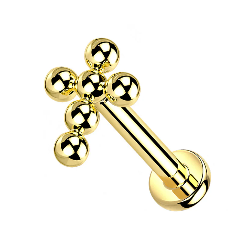 Gold PVD Beaded Cross Titanium Labret - Mrs Treak