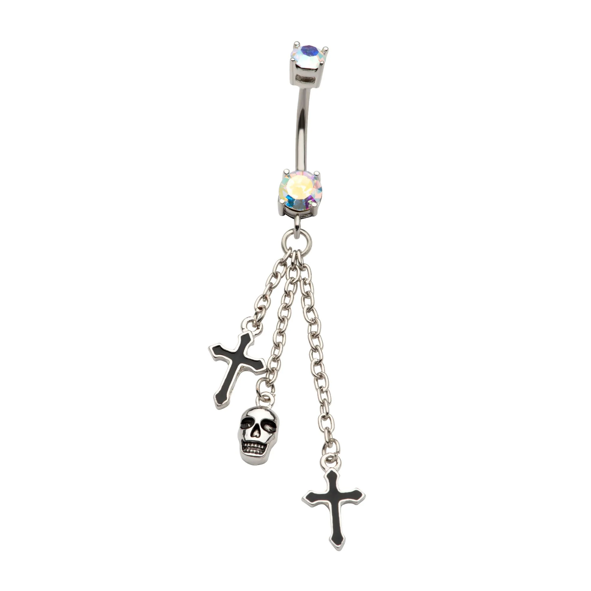 Skull Cross Dangle Rainbow Aurora CZ Stainless Steel Belly Button Ring - Mrs Treak