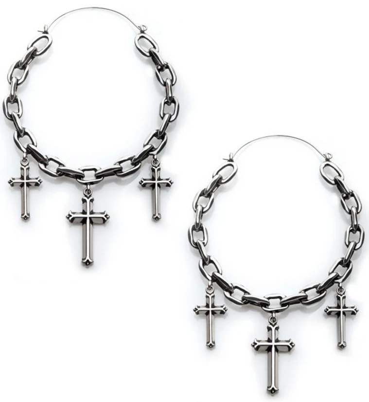 Chain Link Dangle Cross Plug Hoops - Mrs Treak