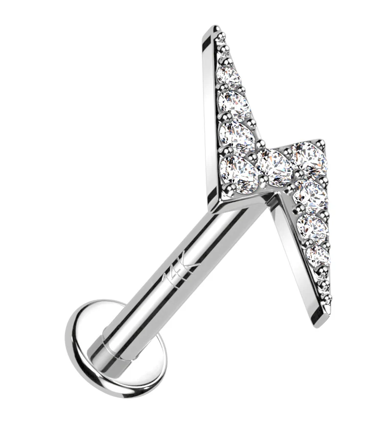 14kt White Gold Lightning Bolt CZ Internally Threaded Labret - Mrs Treak