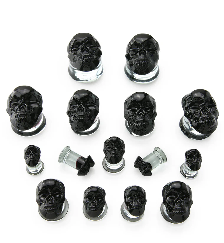 Black Skull Double Flare Glass Plugs - Mrs Treak