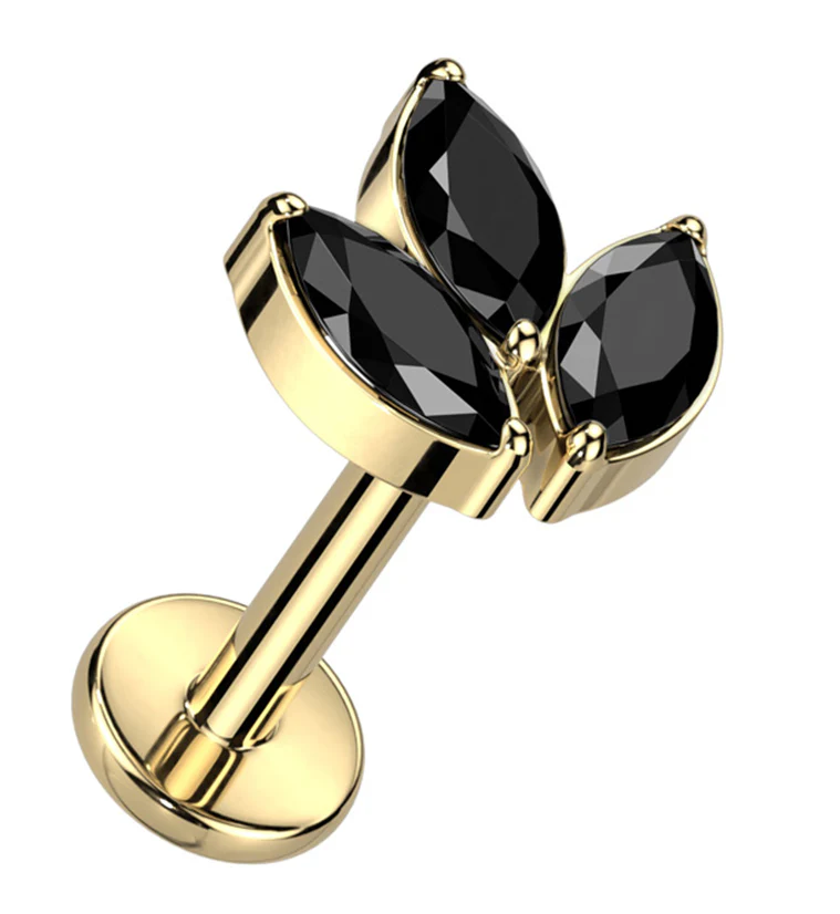 Gold PVD Tri Sepal Black CZ Titanium Internally Threaded Labret - Mrs Treak