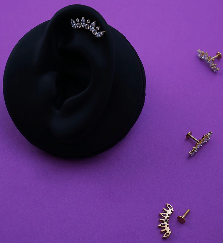 Gold PVD Diadem Clear CZ Internally Threaded Titanium Labret - Mrs Treak