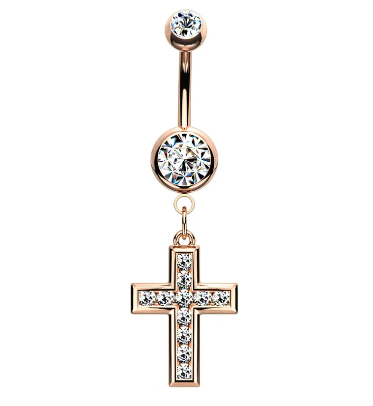 Rose Gold PVD Cross CZ Belly Button Ring V2 - Mrs Treak