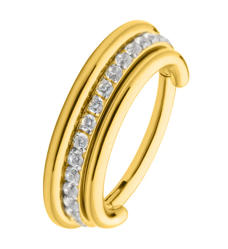 Gold PVD Center Clear CZ Row Hinged Stainless Steel Segment Ring - Mrs Treak