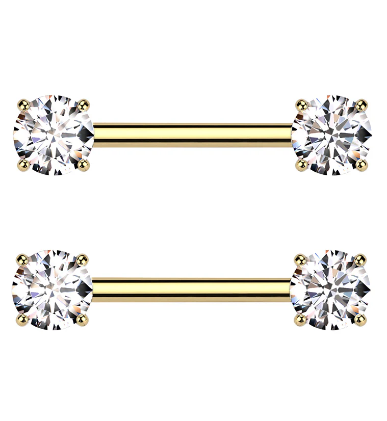 Gold PVD Prong Clear CZ Threadless Titanium Nipple Barbells - Mrs Treak