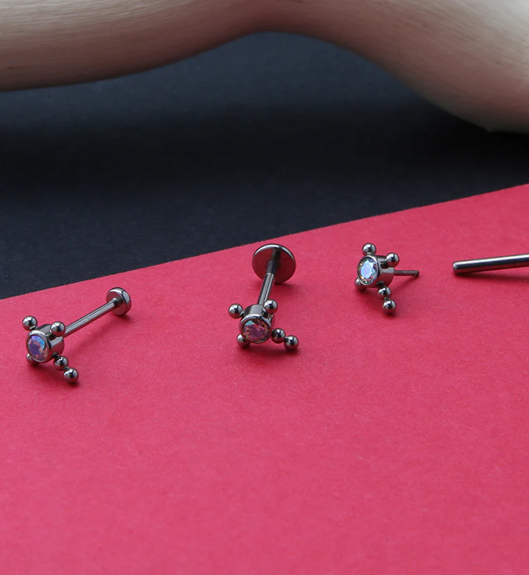 Beaded Cross Rainbow Aurora CZ Titanium Threadless Labret - Mrs Treak