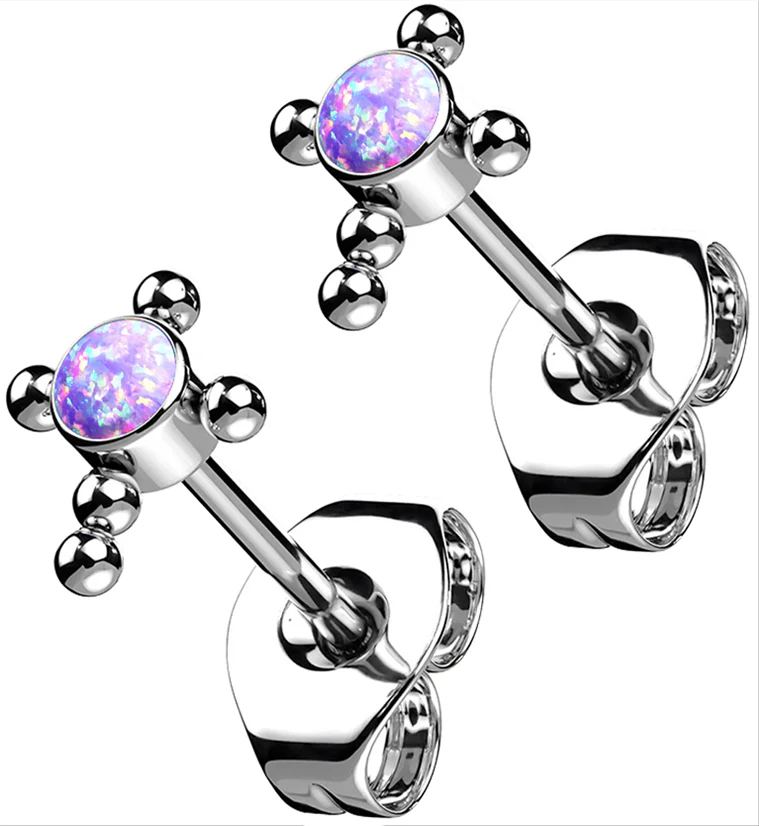 Beaded Cross Purple Opalite Titanium Threadless Earrings - Mrs Treak