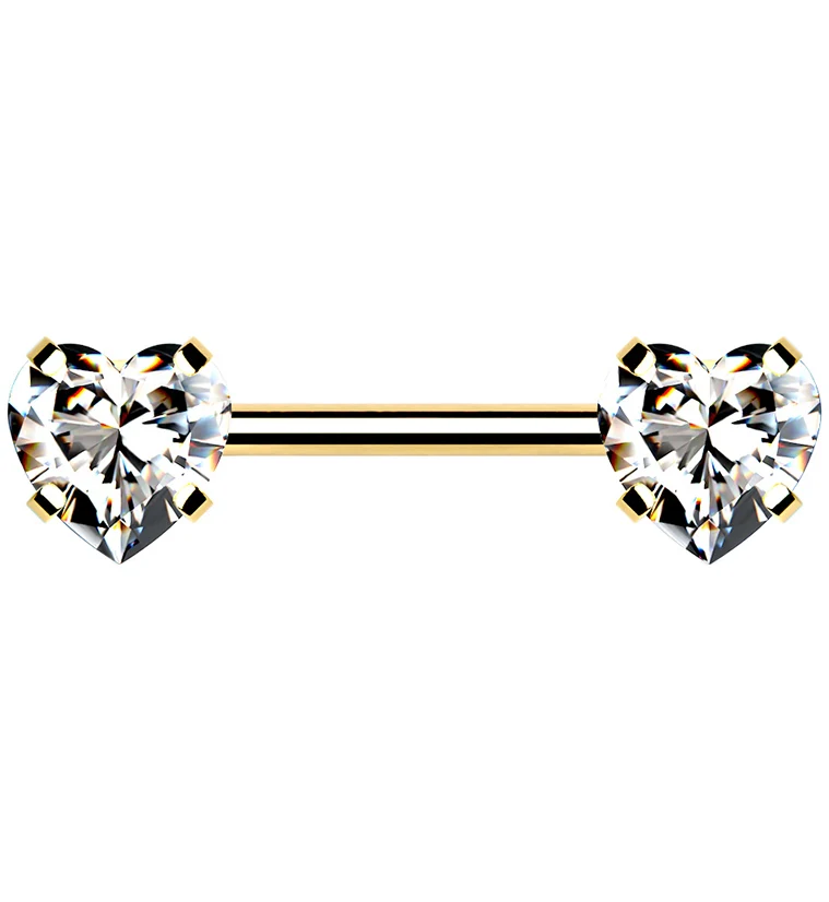Gold PVD Stainless Steel Double Heart CZ Threadless Barbell - Mrs Treak