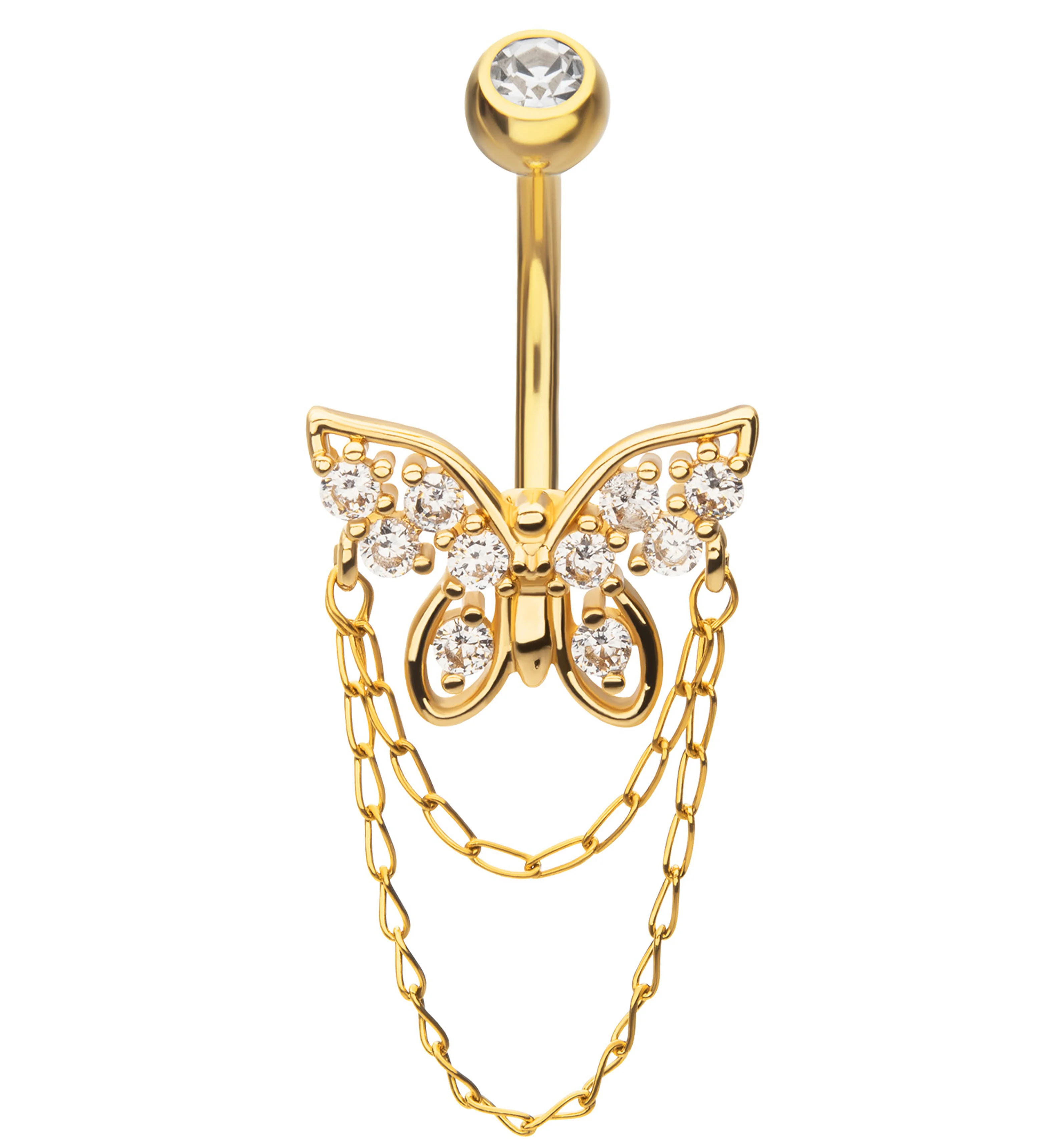Gold PVD Butterfly Double Chain Clear CZ Dangle Stainless Steel Belly Button Ring - Mrs Treak