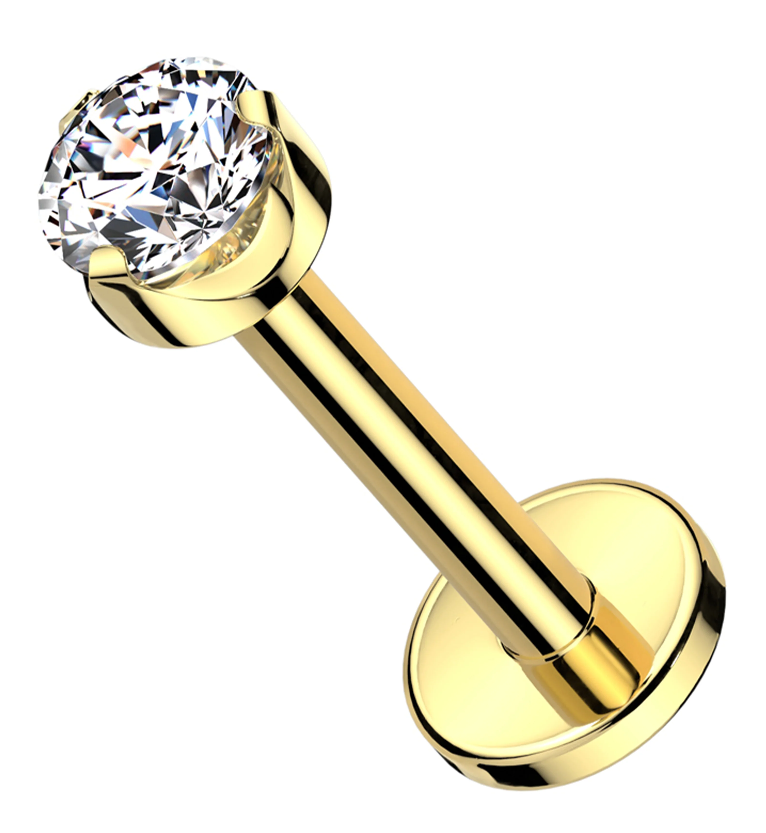 Gold PVD Flat Back Prong Clear CZ Internally Threaded Titanium Labret - Mrs Treak