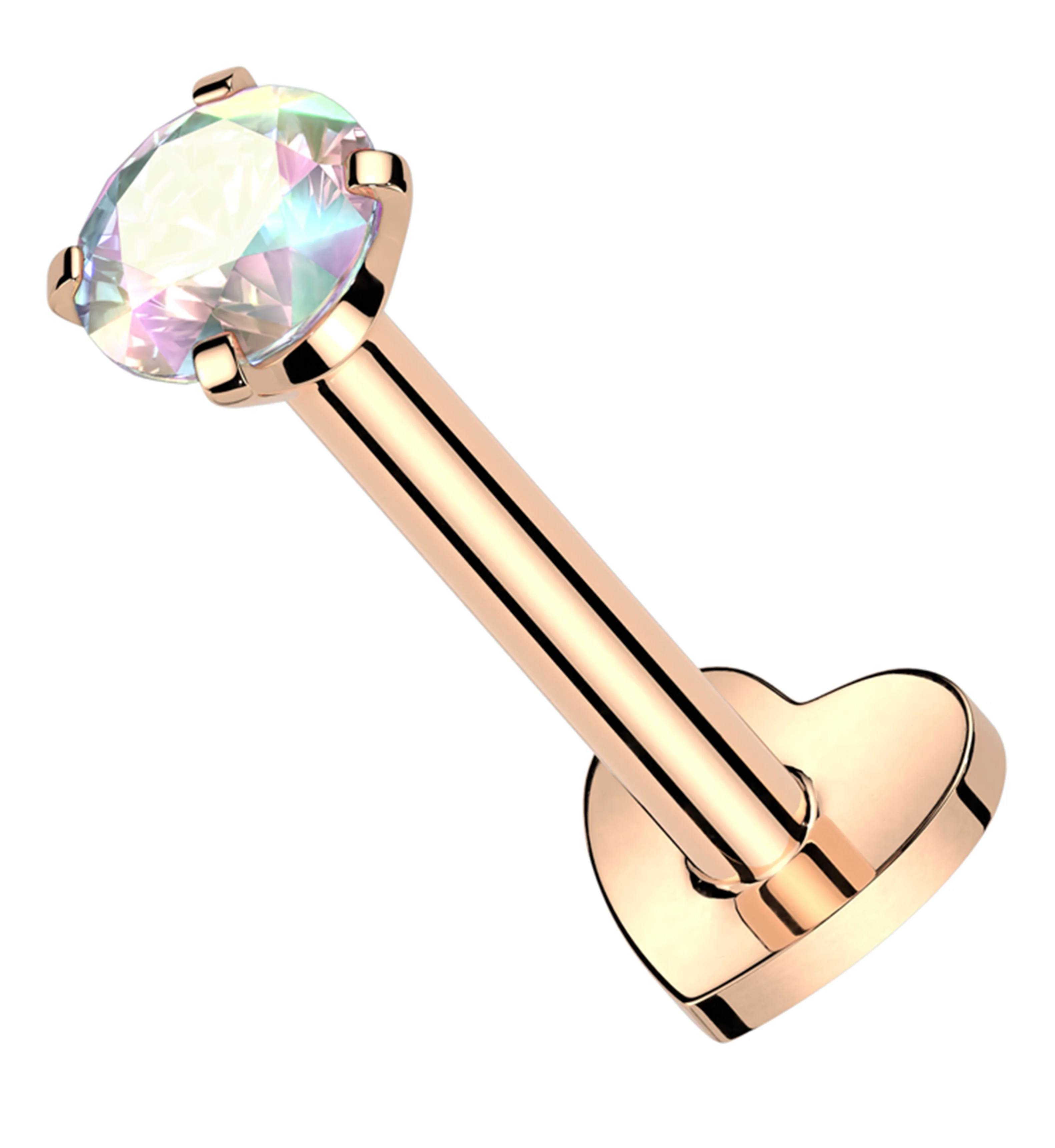 Rose Gold PVD Prong Rainbow Aurora CZ Internally Threaded Titanium Heart Disk Labret - Mrs Treak