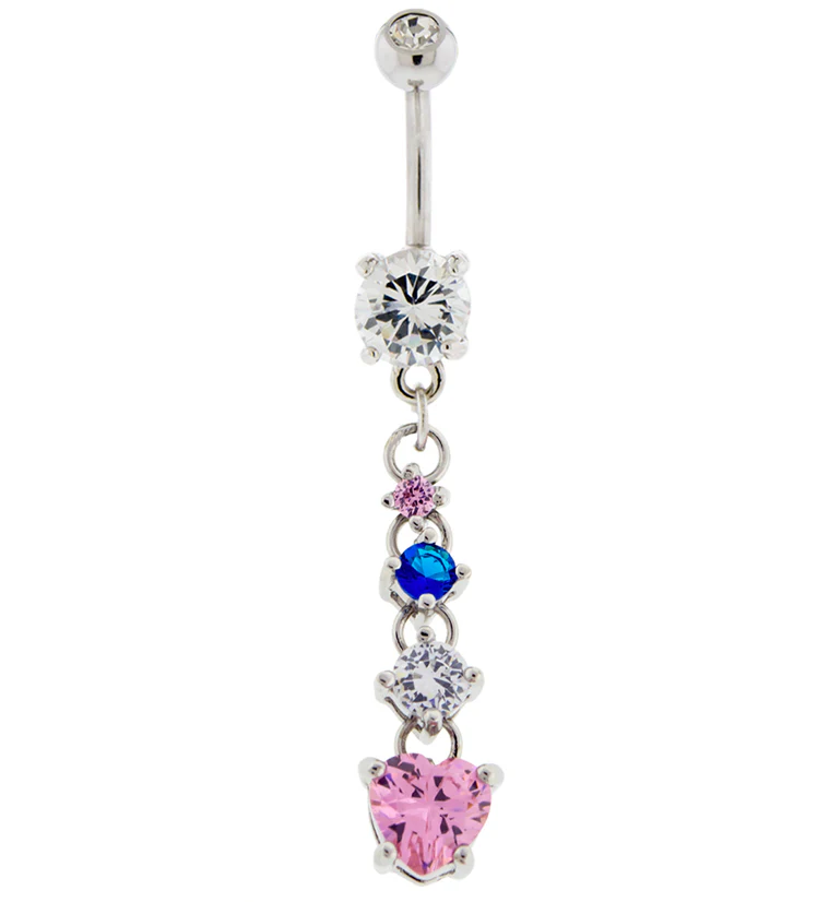 Pink Heart & Gem Dangle Belly Button Ring - Mrs Treak