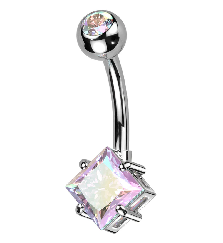 Rhombus Prong Rainbow Aurora CZ Titanium Belly Button Ring - Mrs Treak