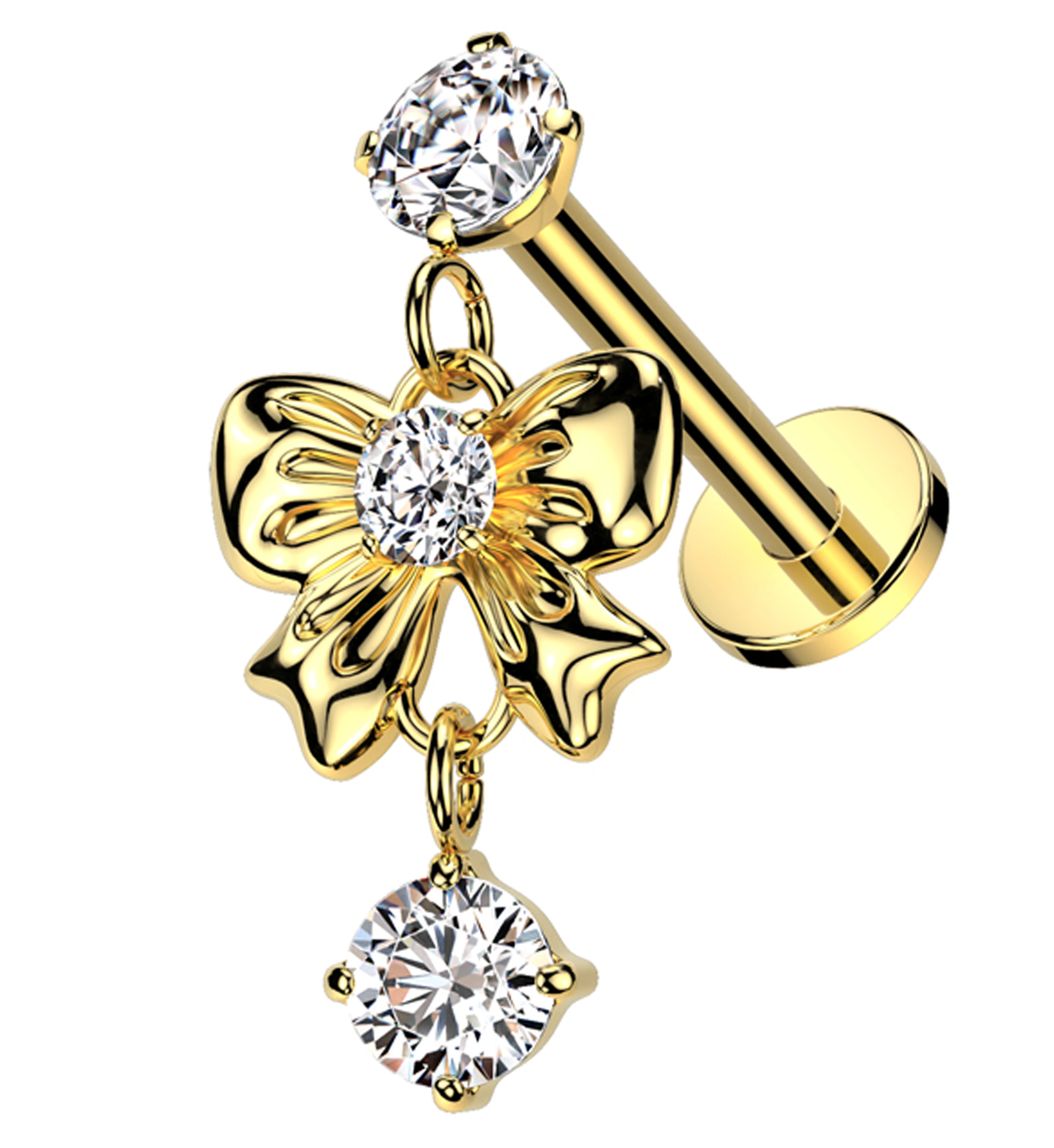 Gold PVD Bow Dangle Clear CZ Internally Threaded Stainless Steel Labret - Mrs Treak