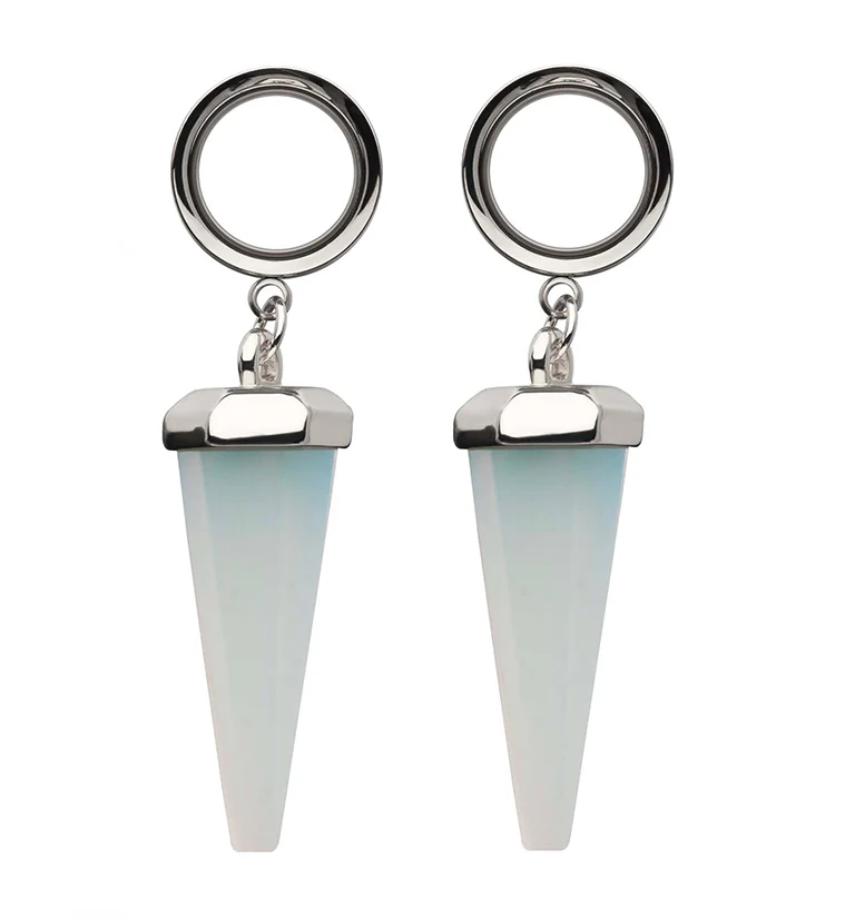 White Opalite Cone Crystal Dangle Stainless Steel Tunnel Plugs - Mrs Treak