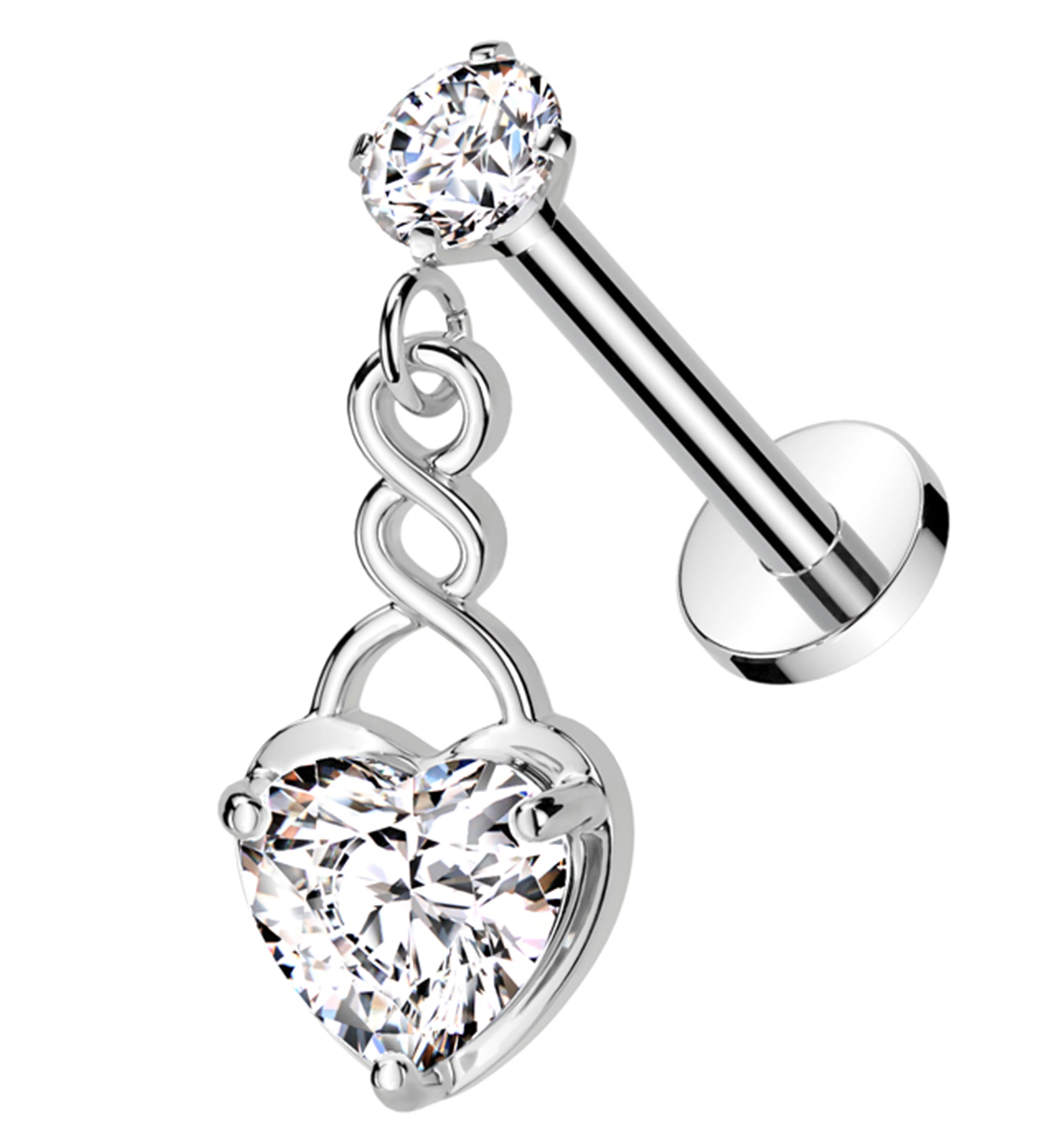 Twisted Dangle Heart Clear CZ Internally Threaded Stainless Steel Labret - Mrs Treak