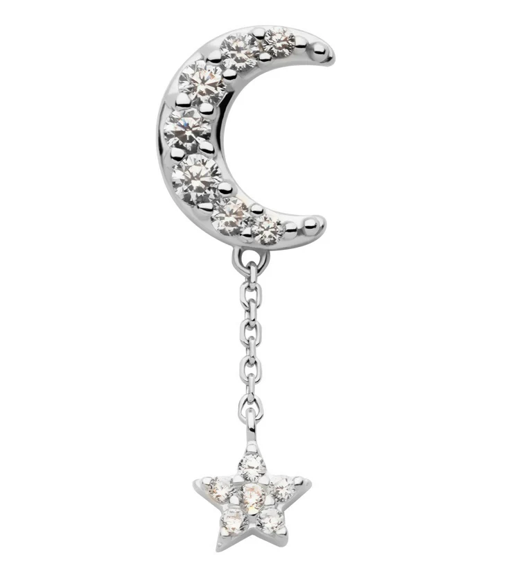 14kt White Gold Crescent Moon CZ Dangle Star Threadless Top - Mrs Treak