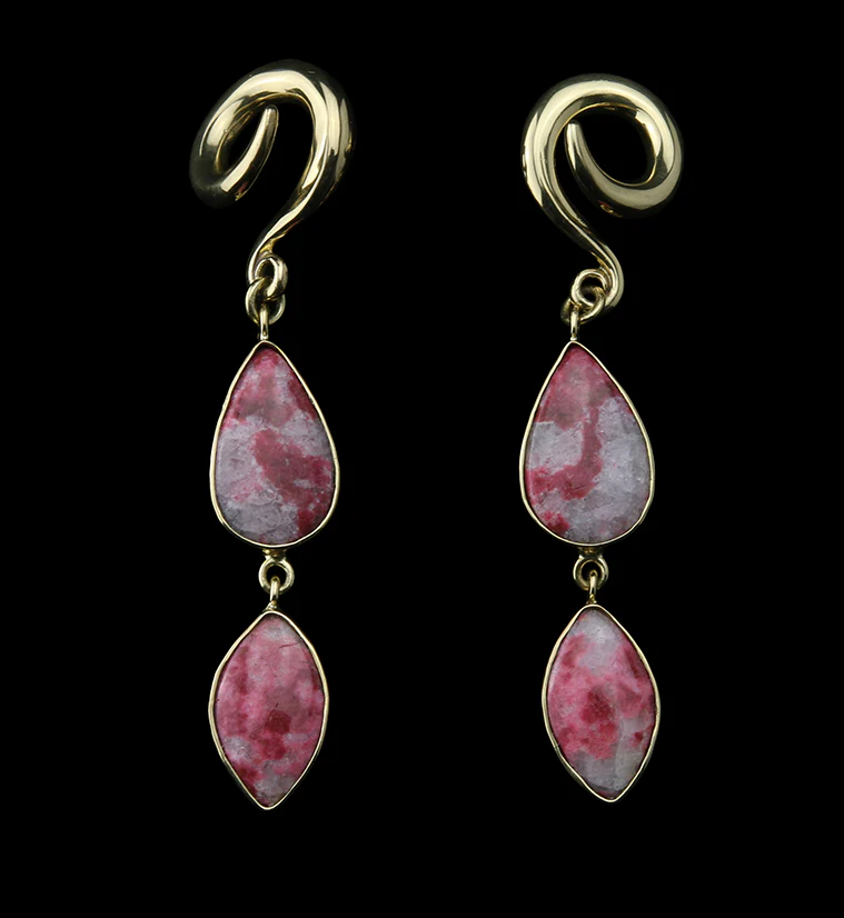 Double Pink Agate Stone Brass Ear Weights Version 4 - Mrs Treak