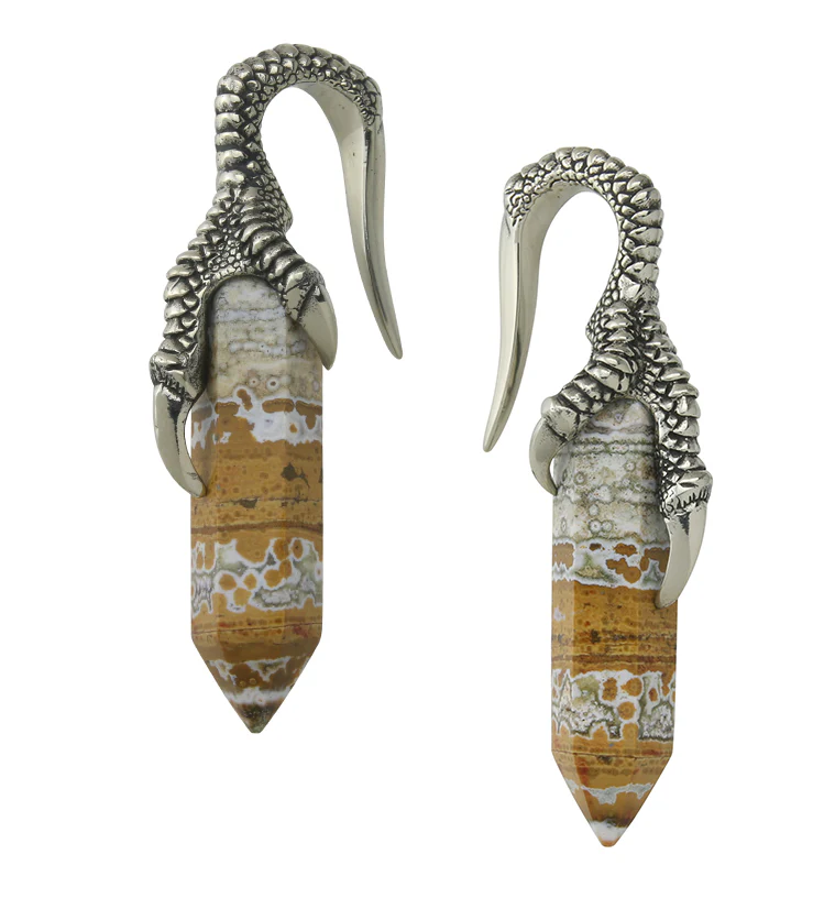 Ocean Jasper Stone Raven Claw White Brass Ear Weights - Mrs Treak
