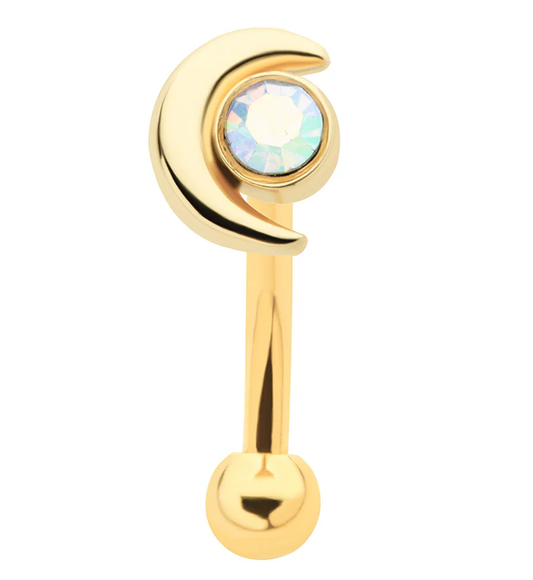 Gold PVD Crescent Moon Rainbow Aurora CZ Curved Barbell - Mrs Treak
