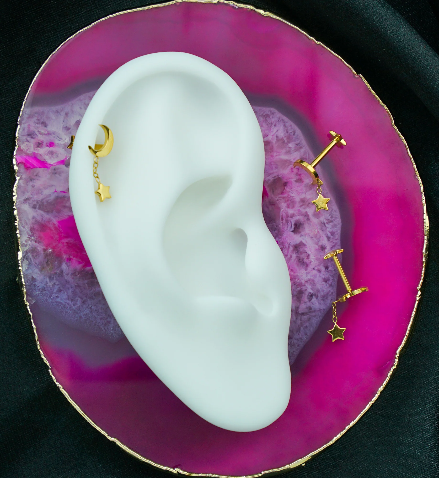 Gold PVD Half Moon Dangle Star Convex Star Back Titanium Threadless Labret - Mrs Treak