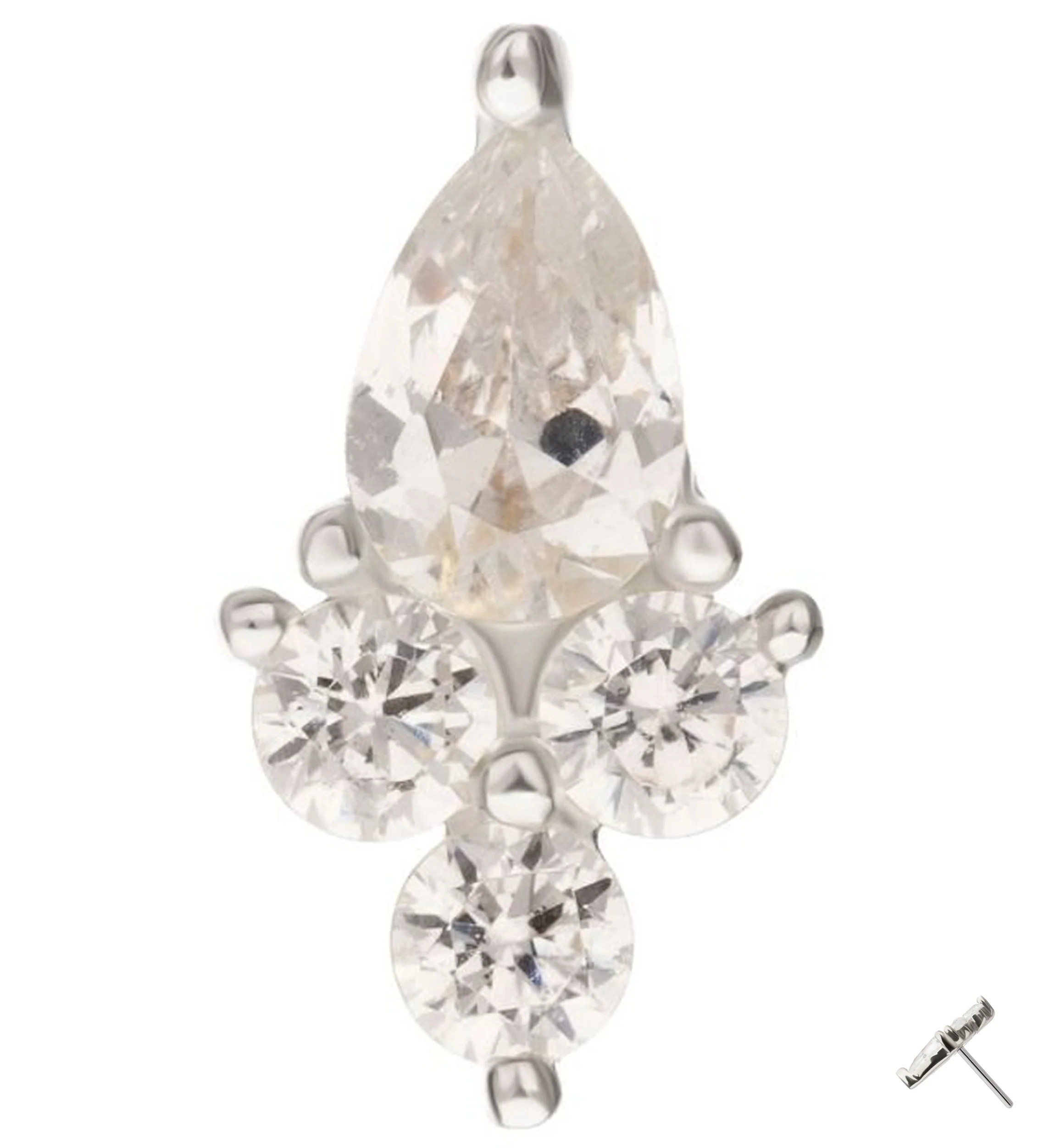 14kt White Gold Teardrop Trinity Bottom Clear CZ Threadless Top - Mrs Treak