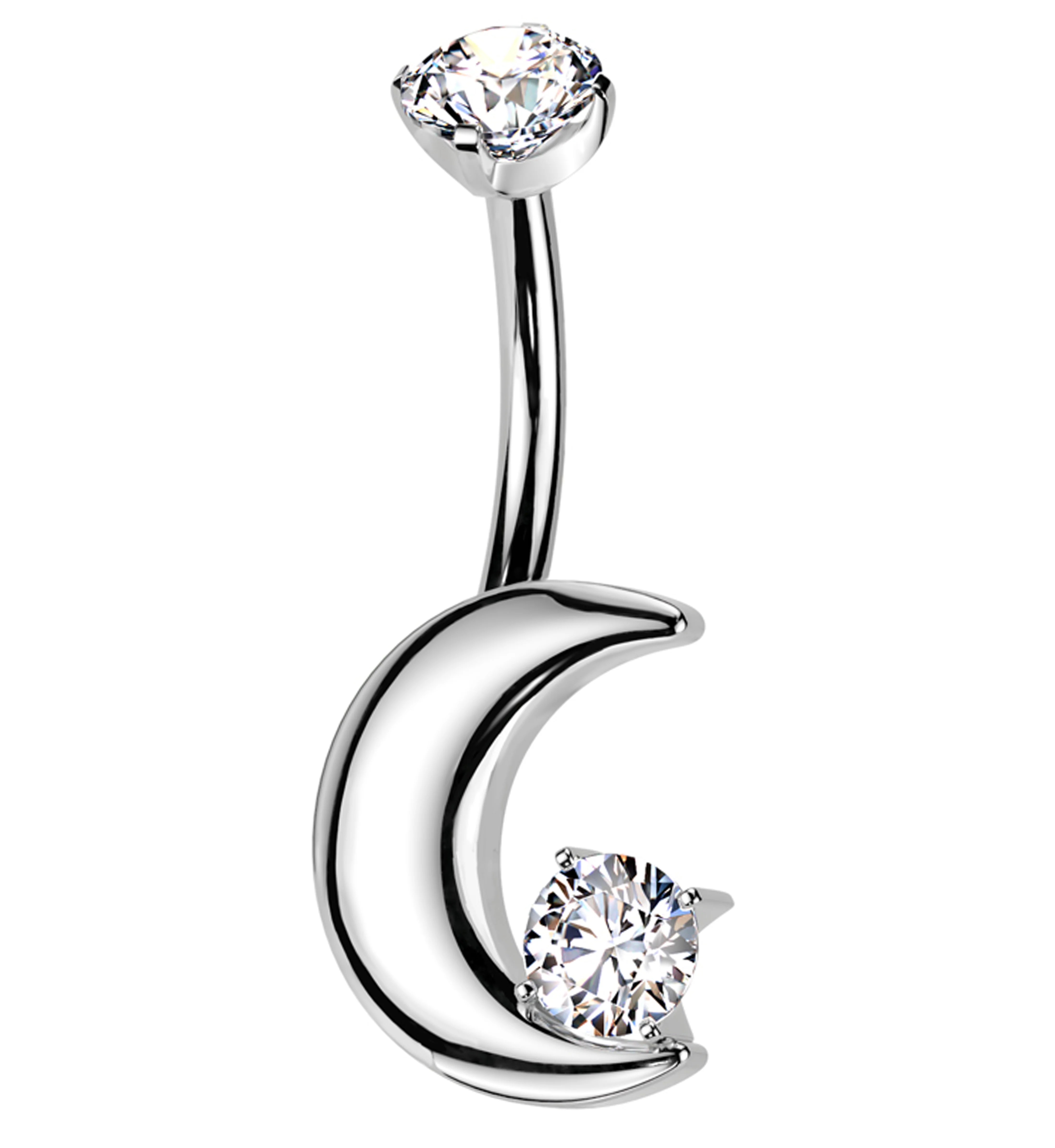 Thick Crescent Clear CZ Titanium Internally Threaded Belly Button Ring - Mrs Treak