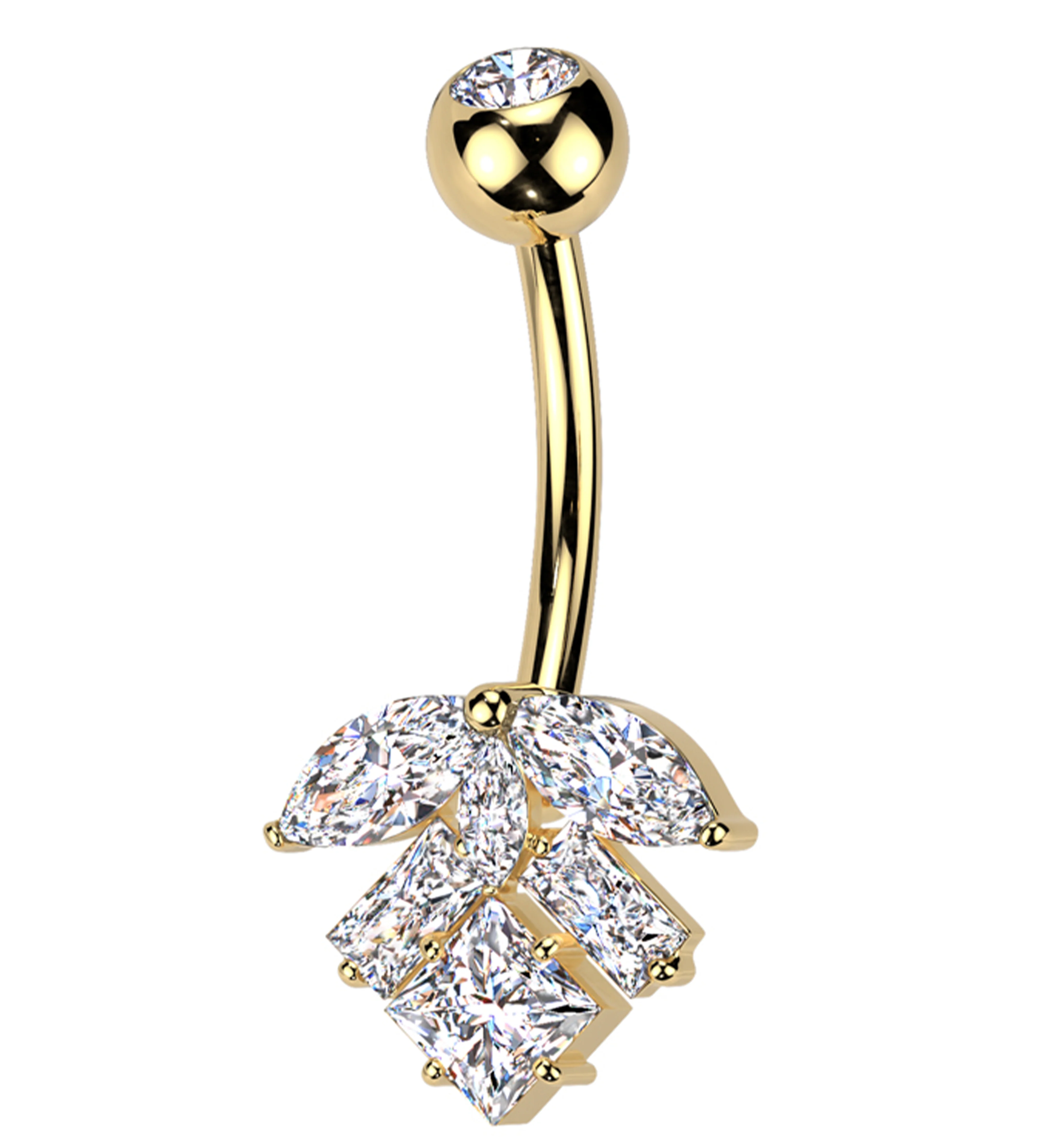 Gold PVD Geometric Leaf Cluster Clear CZ Titanium Belly Button Ring - Mrs Treak