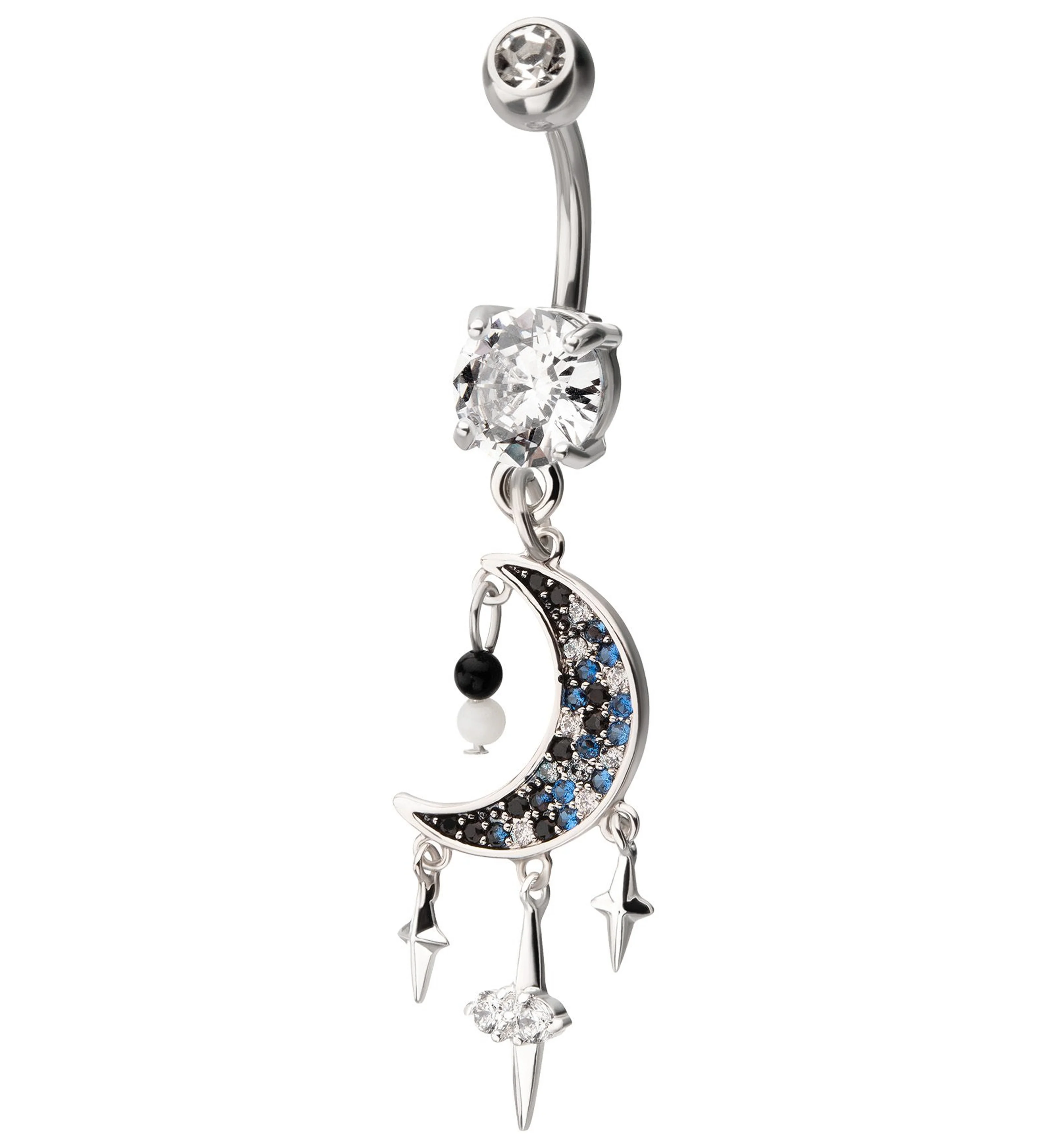 Crescent Moon With Triple Dangle Star Stainless Steel Belly Button Ring - Mrs Treak