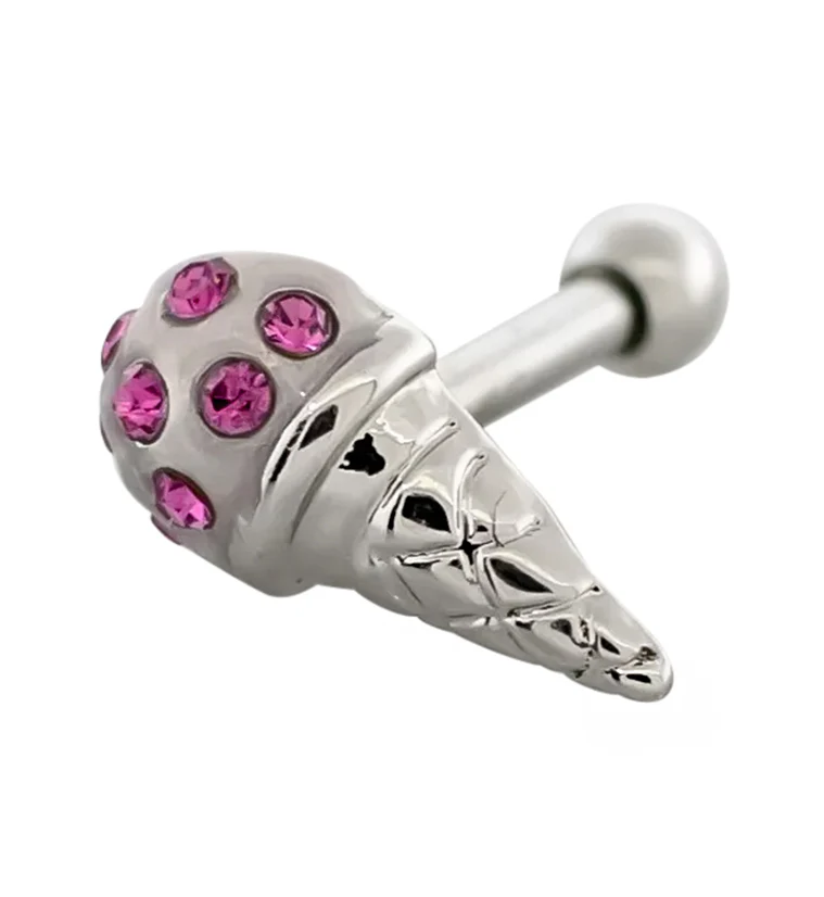 Ice Cream Cone Pink CZ Stainless Steel Cartilage Barbell - Mrs Treak