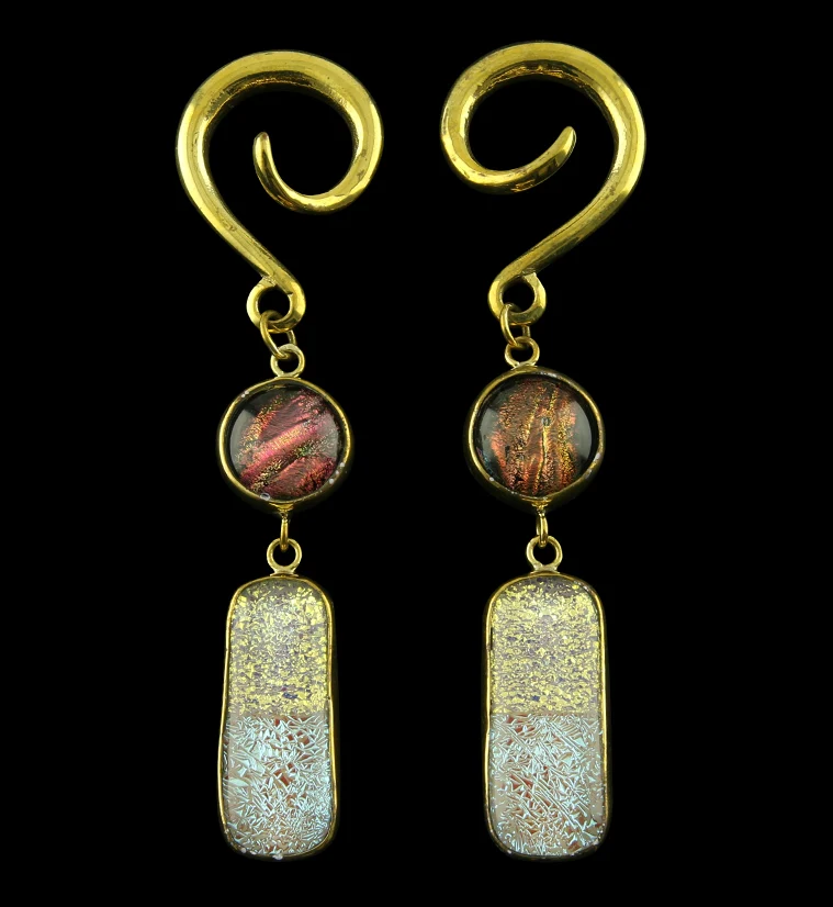 Autumn Breeze Double Oblong Dichroic Glass Brass Ear Weights - Mrs Treak