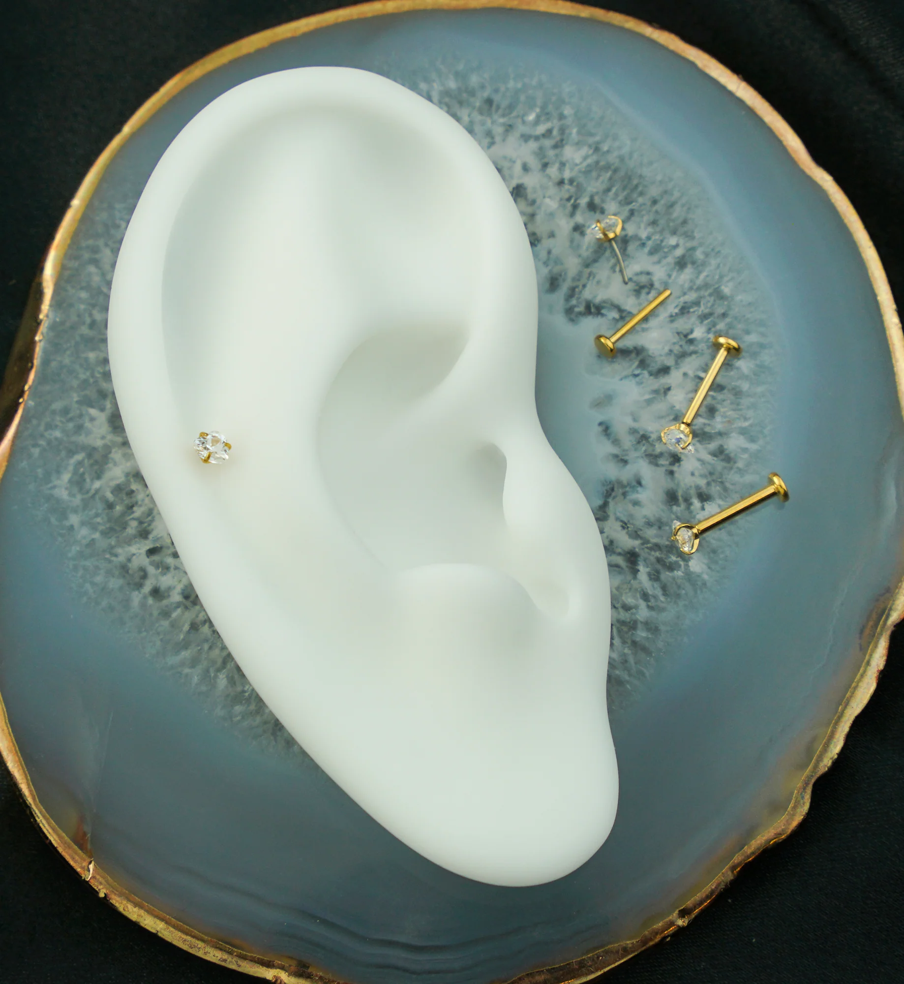 Gold PVD Heart Prong Clear CZ Titanium Threadless Labret - Mrs Treak