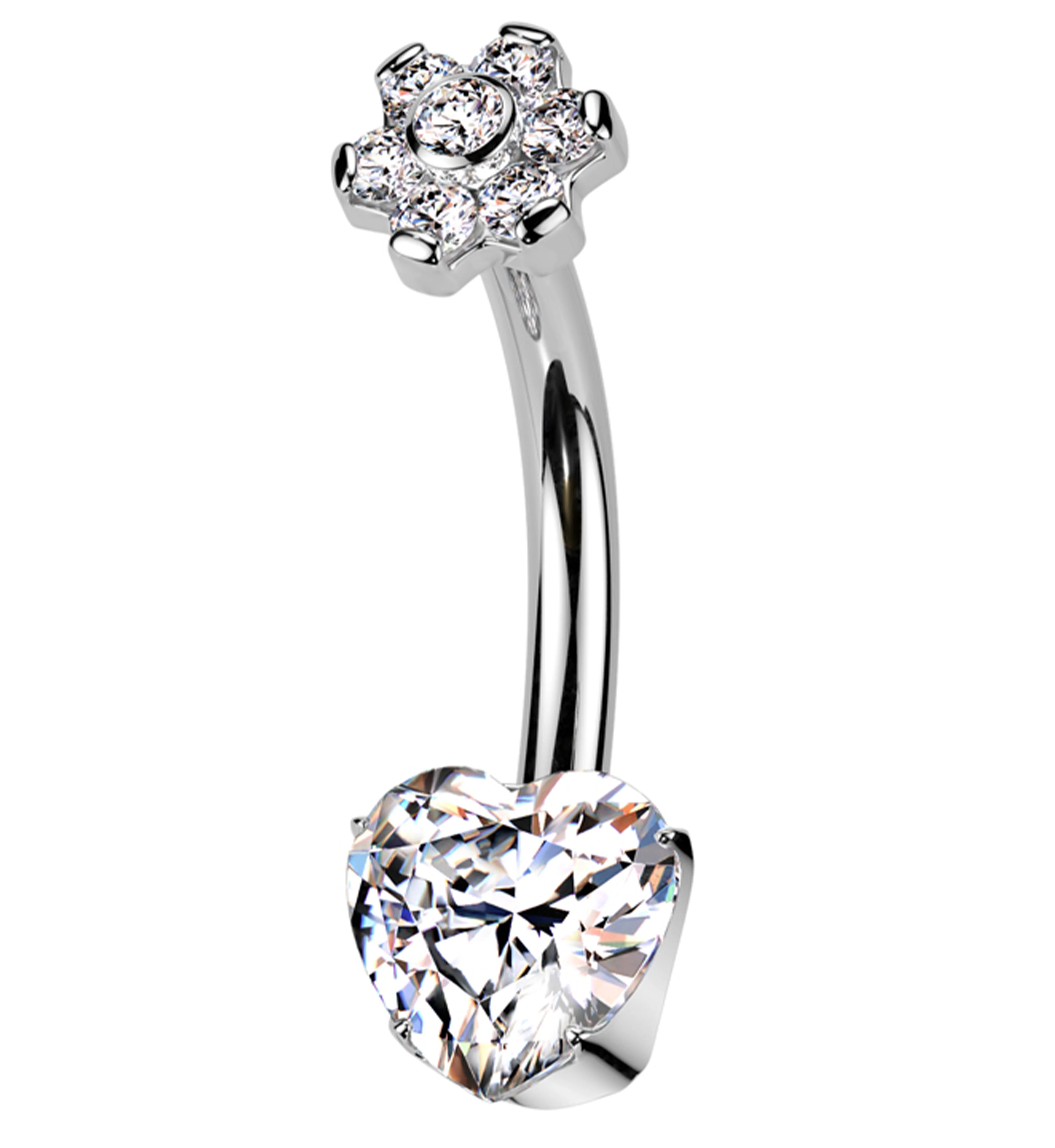 Flower Heart Clear CZ Titanium Internally Threaded Belly Button Ring - Mrs Treak