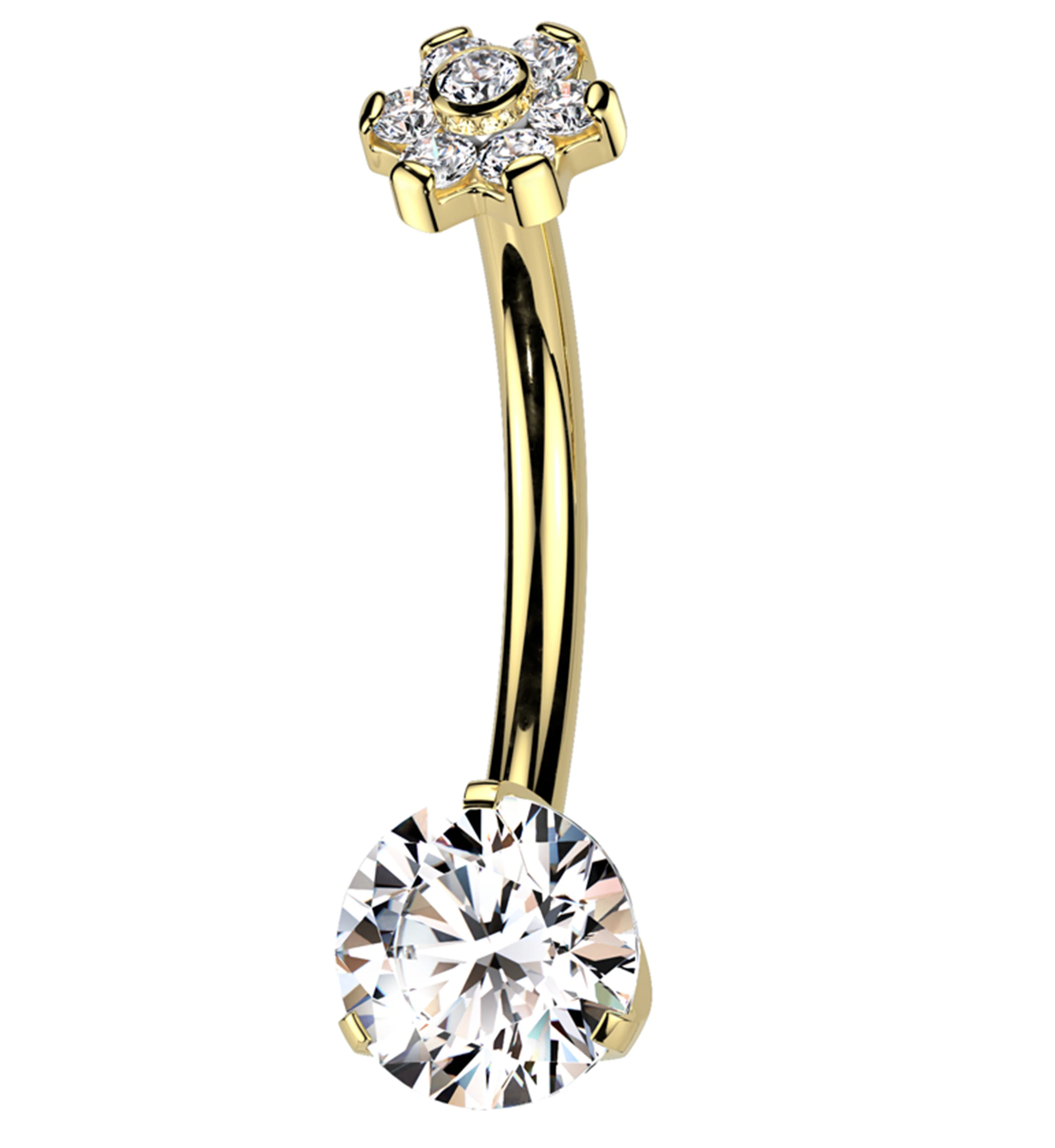 Gold PVD Flower Top Clear CZ Internally Threaded Titanium Belly Button Ring - Mrs Treak