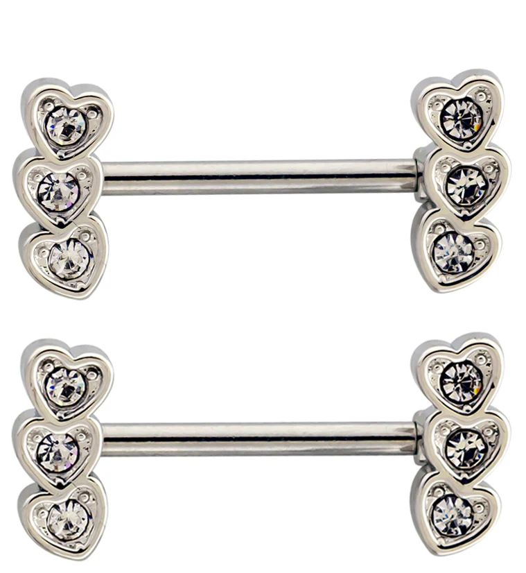 Triple Heart Clear CZ Stainless Steel Nipple Barbell - Mrs Treak
