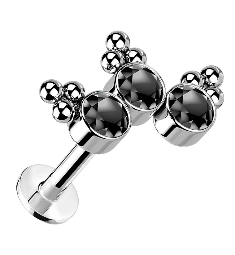 16G Triple Beaded Black CZ Curve Titanium Threadless Labret - Mrs Treak